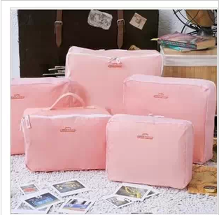 旅行收纳袋 衣服杂物袋 行李箱整理包防水五件套精选粉红色蓝色