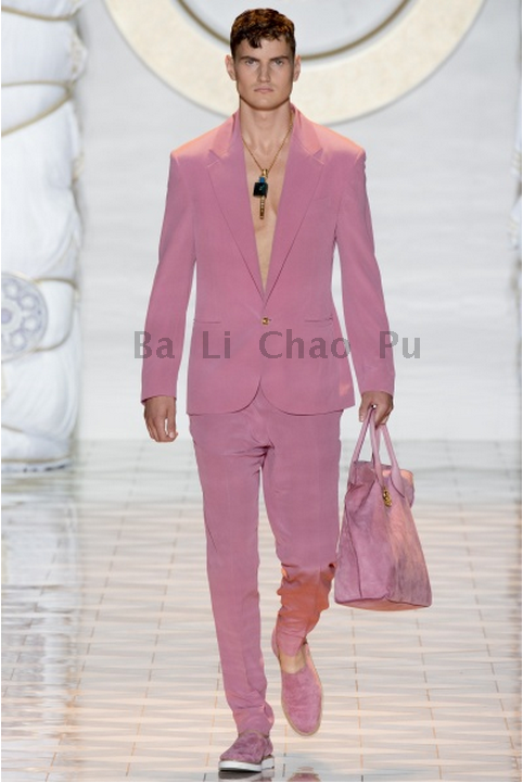 热卖新款男士粉色修身一粒扣男士西服套装 VS时装周秀款欧洲站