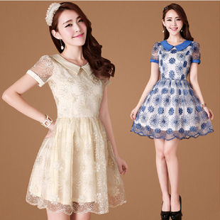 2013韩版夏季新款娃娃领蕾丝雪纺春款修身欧根纱短袖大码女连衣裙