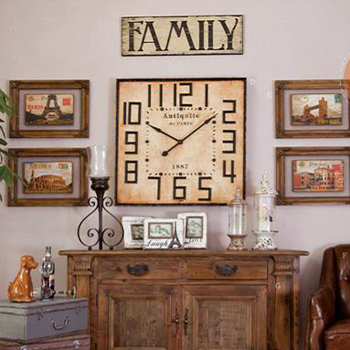 觅家-混搭欧式乡村风木质复古做旧超大经典方形钟挂钟客厅钟-包邮