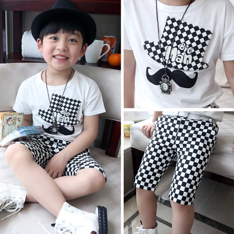 2014夏款童装新款 儿童宝宝中小童男童韩版 全棉绅士胡子格子套装