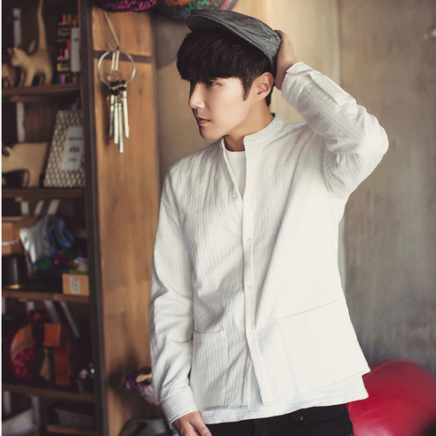 韩国代购时尚起义男装修身男士日系白色夹棉保暖打底长袖衬衫衬衣