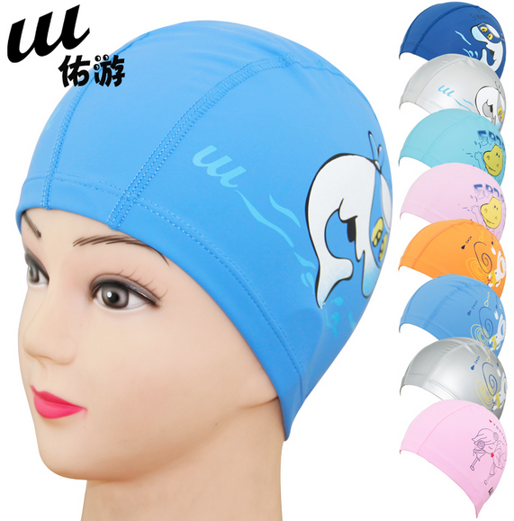 新款卡通儿童泳帽 防水护耳PU帽 儿童涂层硅胶游泳帽 佑游