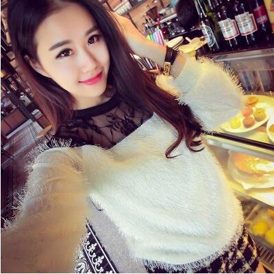 2014秋冬季新款韩版性感蕾丝拼接修身毛毛流苏长袖打底小衫上衣女