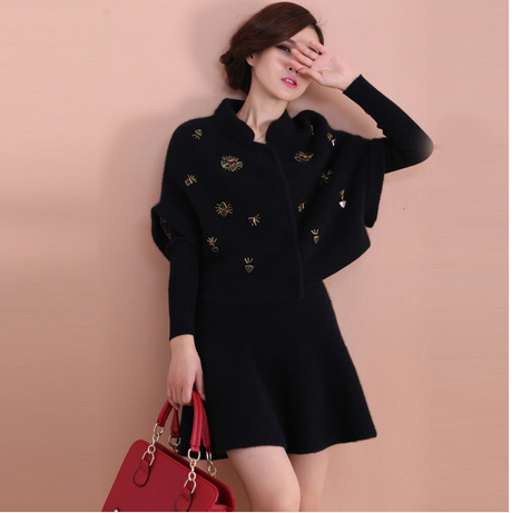 2014秋冬新款韩版纯色女装貂绒蝙蝠袖开衫中袖毛衣套装短裙两件套
