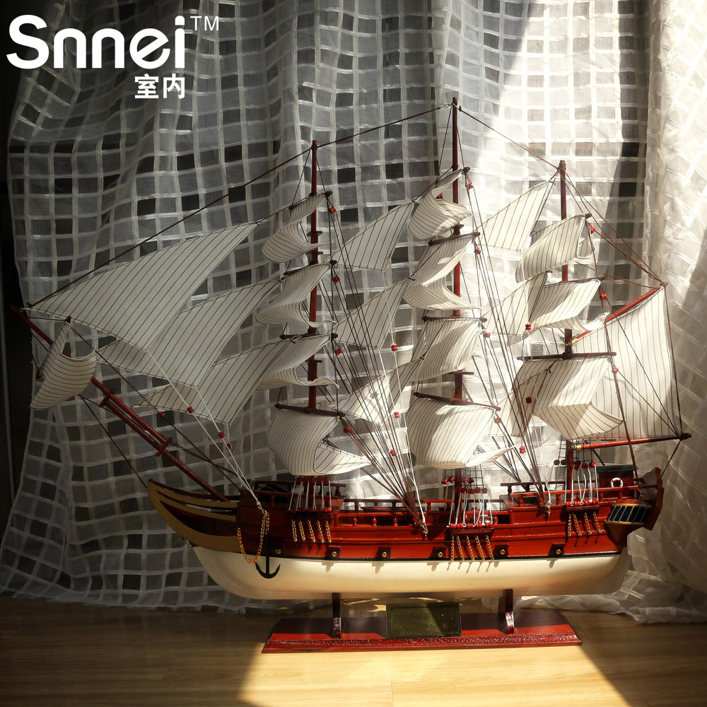 Snnei室内 90CM海洋主权 一帆风顺大型工艺船 木质帆船模型摆件