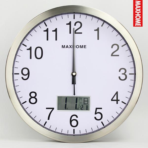 MAXHOME14英寸中文版万年历电波钟金属圆形客厅挂钟时尚静音时钟