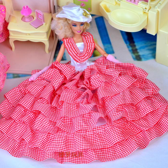 2012正版芭比娃娃可儿乐吉儿服装礼服婚纱 全包蛋糕裙 7层格子裙