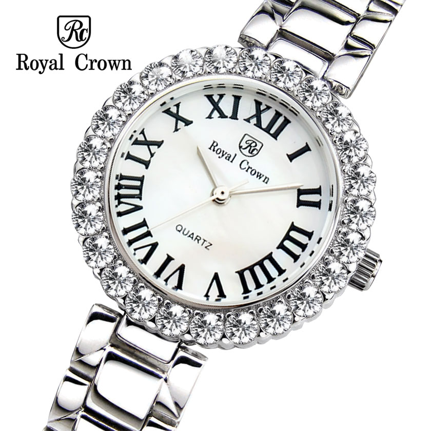 royal crown旗舰店萝亚克朗手表 时尚镶钻女钢带石英女表正品防水