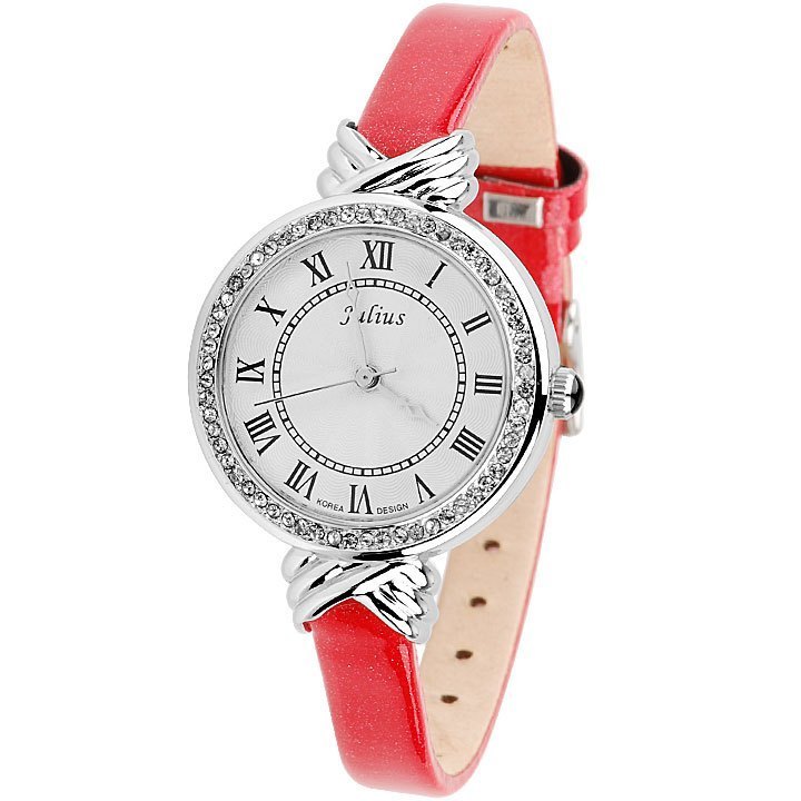 Julius正品手表 红色皮带表 罗马表盘 水晶女士手表 水钻复古腕表