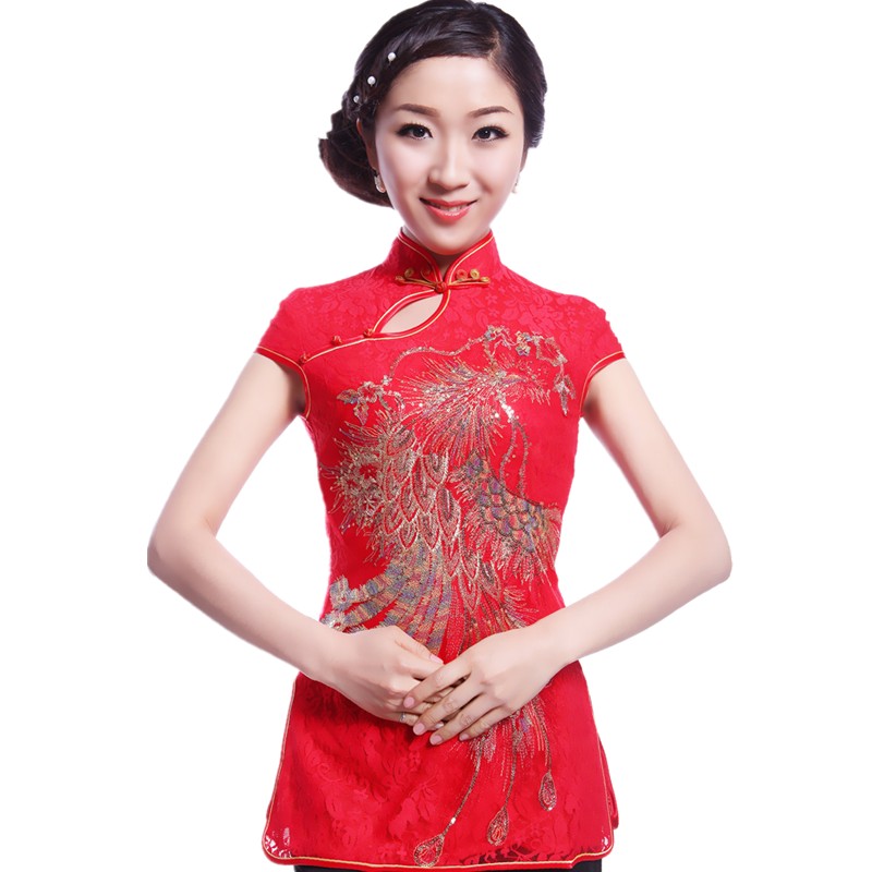 新款蕾丝中式女士改良唐装夏装短袖旗袍上衣红色凤凰0921