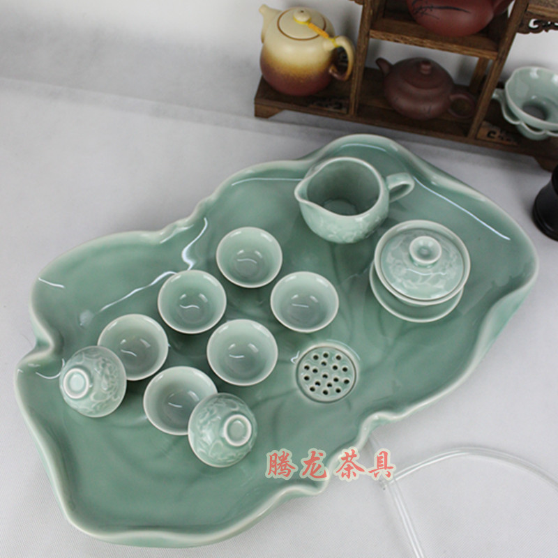 龙泉青瓷荷叶茶盘/排水式陶瓷茶盘/青瓷浮雕花功夫茶具整套茶具