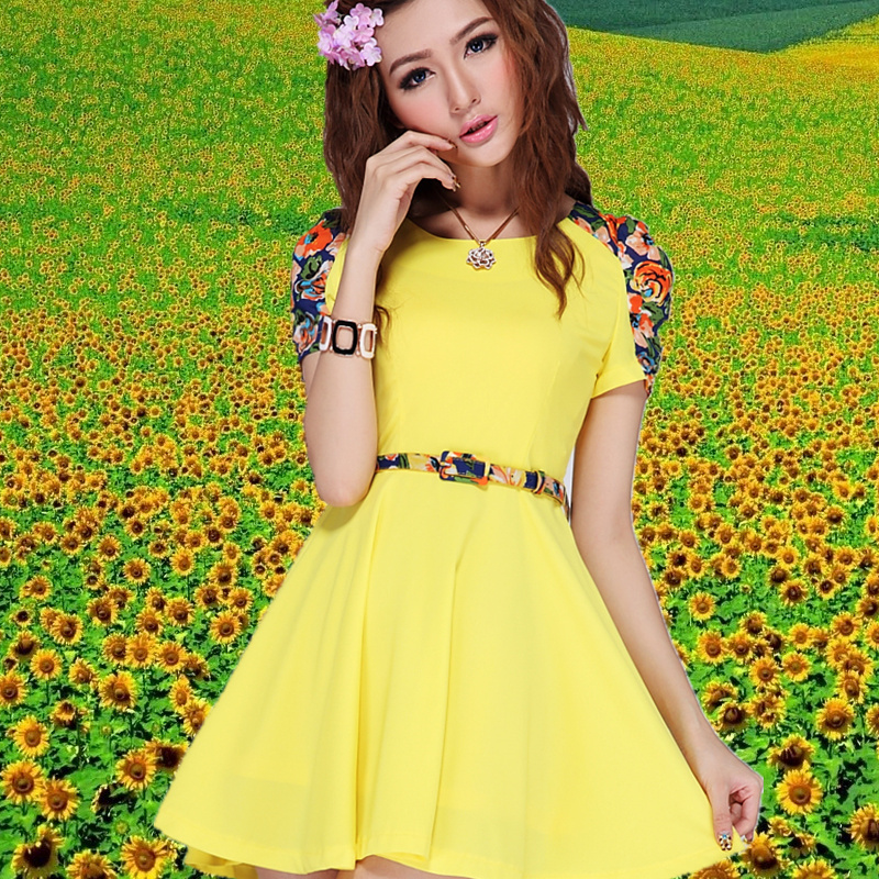 2013新款夏季黄色杏色短袖连衣裙 时尚日系甜美修身女装 专柜正品