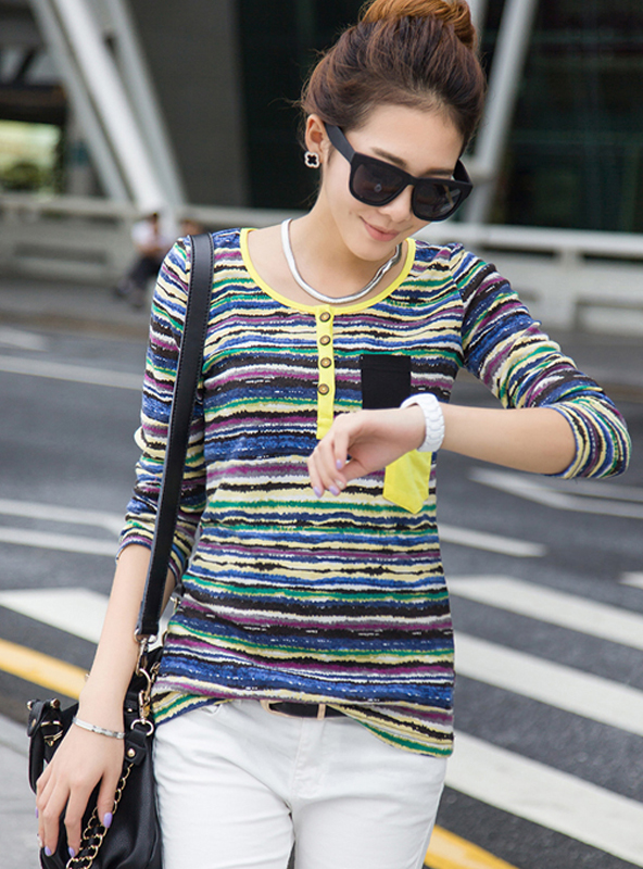 实拍/8236#秋装2013韩版女装新款彩条纹圆领长袖T恤女