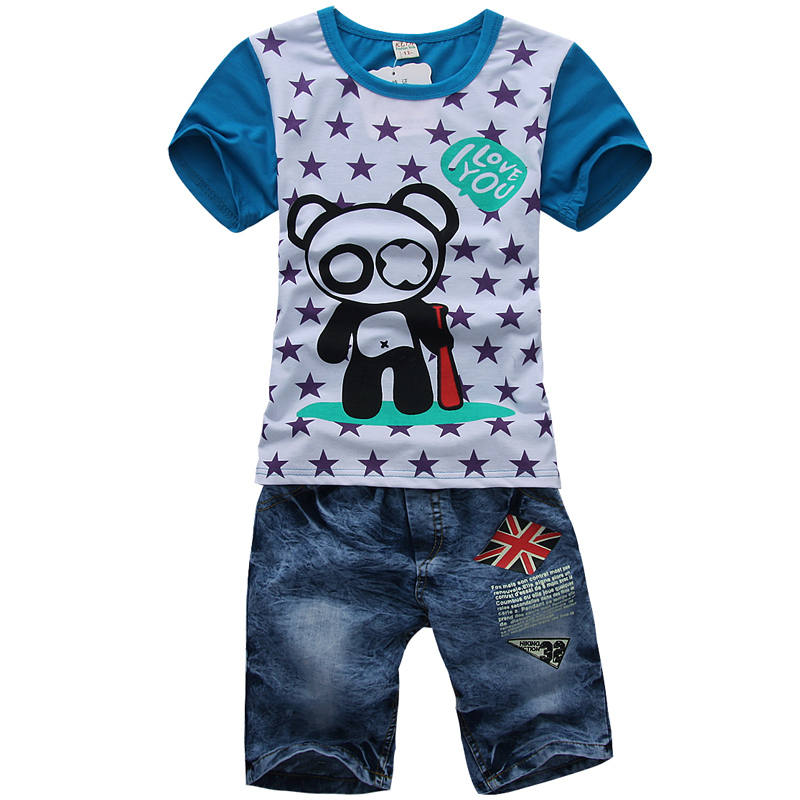 【天天特价】2013夏季新款男童套装儿童卡通休闲T恤牛仔裤两件套