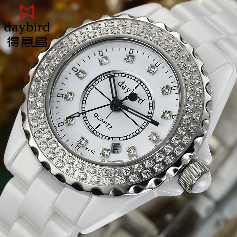 得意鸟正品白色陶瓷表 防水石英女表潮流时尚韩版复古水钻手表