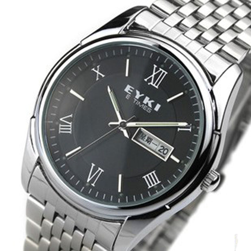 艾奇eyki8470男士手表 时尚钢带款石英表 男式双日历休闲时装表