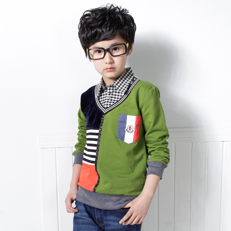 2014新款秋装男童上衣韩版中大童衬衫领假两件套拼色长袖170码