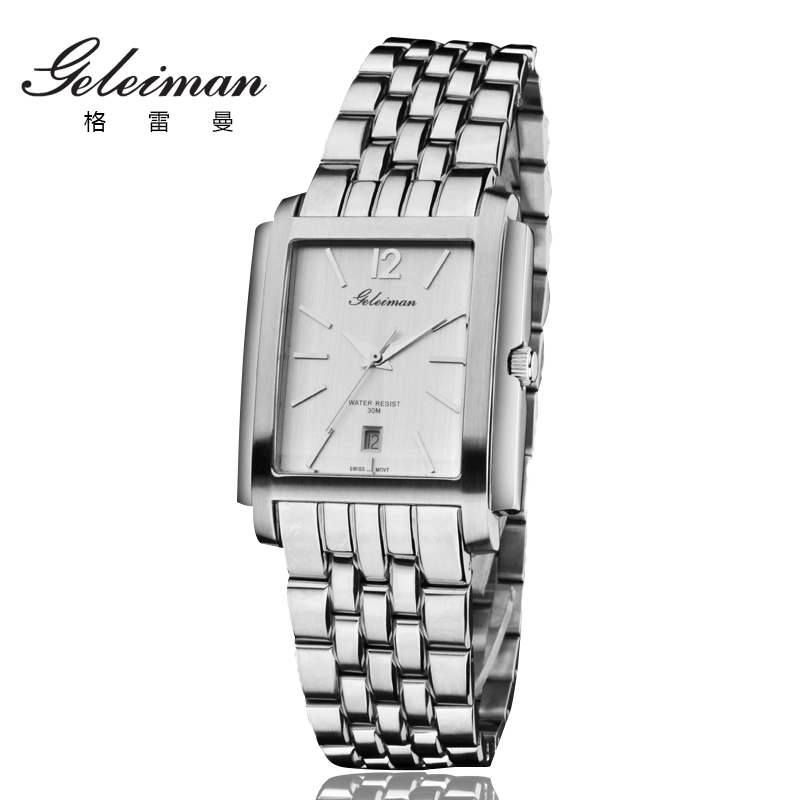 格雷曼正品时尚男表石英表日历 方形腕表休闲 钢带时尚 男士手表