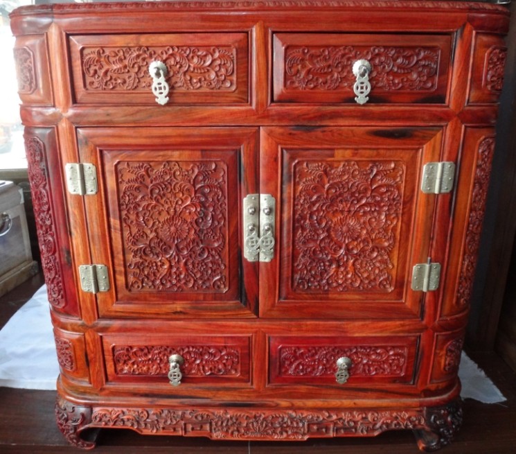 老挝红酸枝雕满花顶箱柜 衣柜床头柜储物收纳柜 红木家具工艺摆件