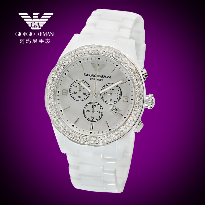 【新品2.8折】阿玛尼陶瓷女表 韩版女款白色双钻 贝母手表AR1456