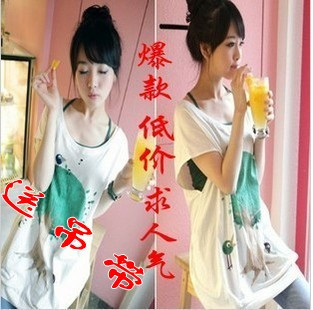 新品2011新款秋装韩版夏女装甜美宽松大码短袖T恤衫（送吊带）