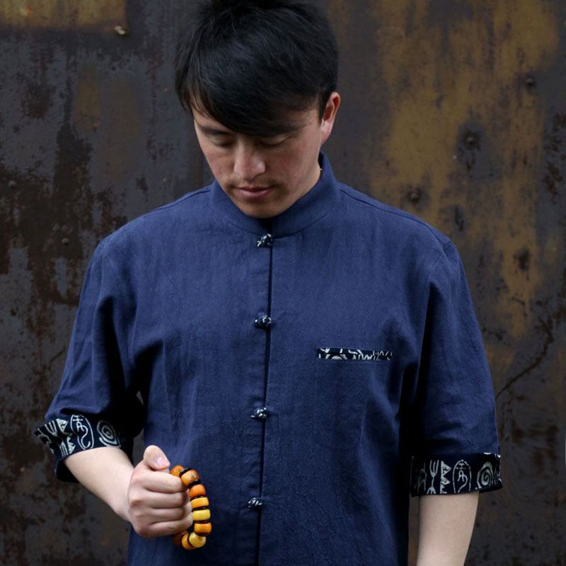 中式唐装 男士休闲短袖 汉服 男民族服装 年轻派棉麻立领上衣-蓝