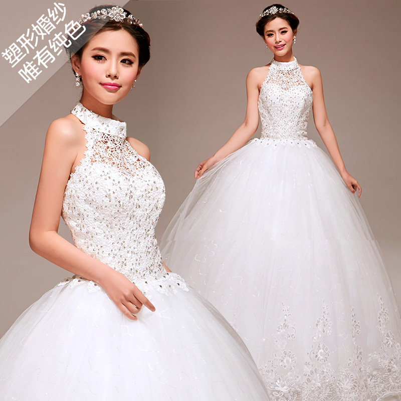 2014新款时尚齐地婚纱礼服 韩式新娘结婚显瘦蕾丝蓬蓬裙绑带