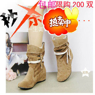 包邮单靴子女春秋2011新款内增高中跟短靴坡跟水钻骑士靴小短靴