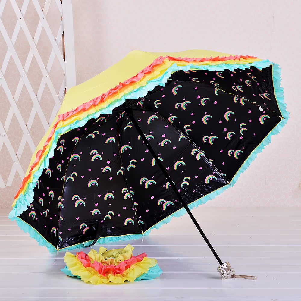 三折超拱形镜面黑胶涂层内层彩虹红印花七色彩虹伞晴雨伞防紫外线