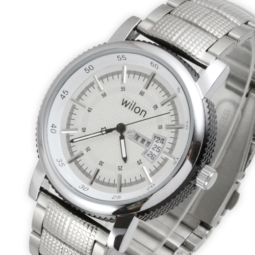 Wilon威龙正品手表 时尚压纹钢带 双日历运动风格腕表