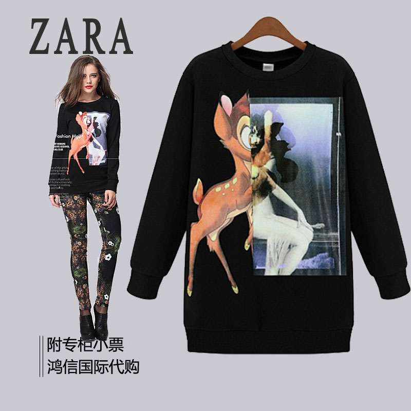 Zara专柜代购 2014春季新款欧美女装大印花可爱小鹿图案加绒卫衣