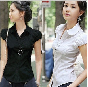 2011新 韩版 纯棉 泡泡袖 收腰 职业 白色 短袖衬衫 女 OL通勤装