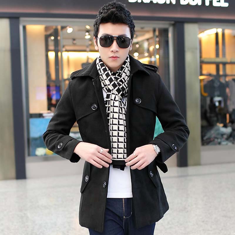 2014秋冬新款青年韩版男士修身腰带装饰纯色舒适加厚呢子风衣外套