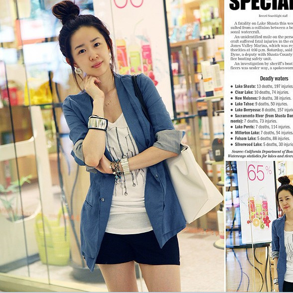 韩国风 春装新款女装 韩版短外套 中袖长款修身小西装 蓝色