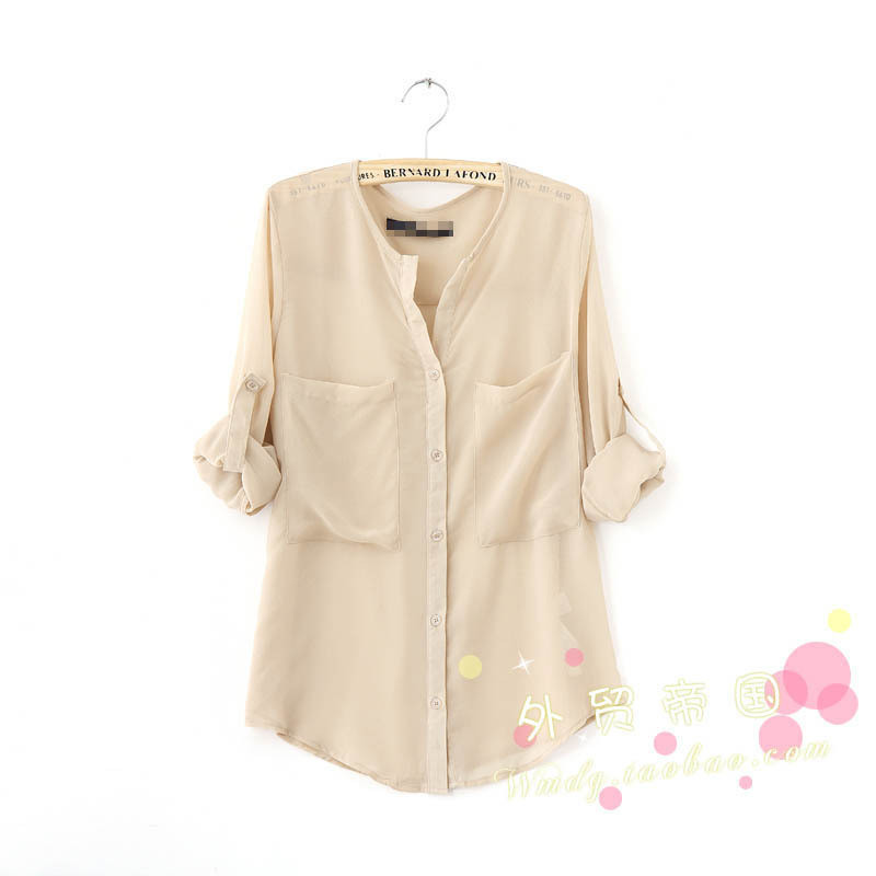 2011夏秋新款女 韩版透明雪纺衬衫大口袋长袖七分袖cs166