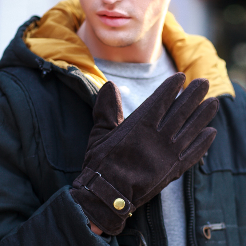秋冬韩版男士真皮保暖防风分指手套休闲加绒加厚骑车防滑猪皮手套