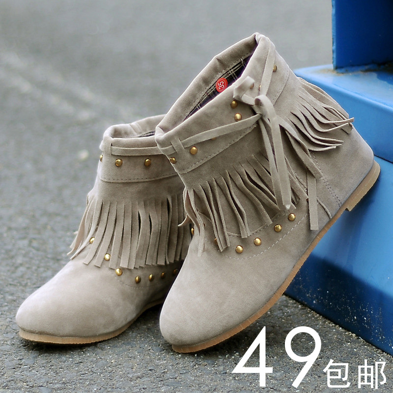 2011新款甜美磨砂内增高短靴平跟春秋靴子铆钉流苏靴平底靴女单靴