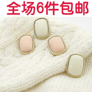 0531 韩国流行饰品 简约镶边粉色长方形耳钉耳环 耳饰 满6件包邮