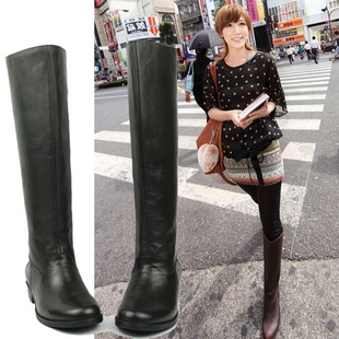 新款2012韩版黑色后拉链高筒靴牛皮真皮低跟阿金款女靴子马靴