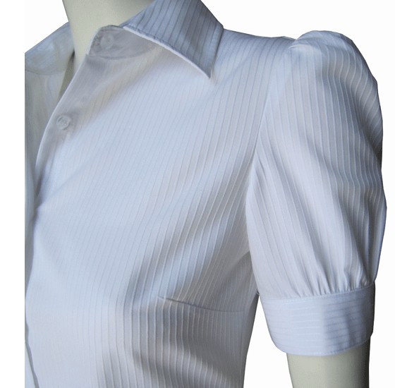 G2000正品女装 白色暗直条公主气质泡泡短袖衬衫办公室必备