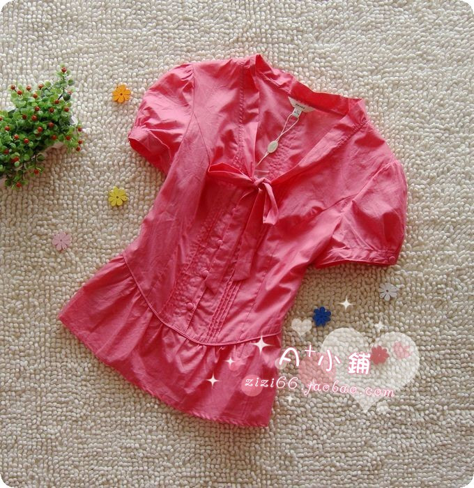 夏装新款特价出格正品C022108西瓜红纯色蝴蝶结纯棉立领衬衫