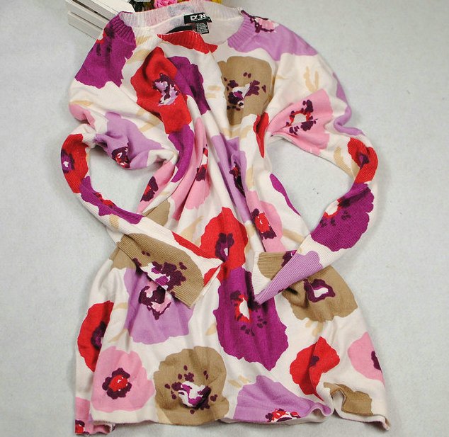 DKNY 出口外单 澳洲羊毛面料蝙蝠袖花朵针织衫