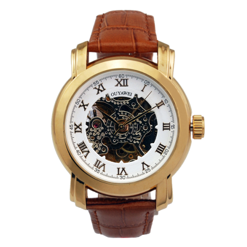 正品时尚休闲自动机械表 2013新款韩版男士商务透底棕色皮带手表