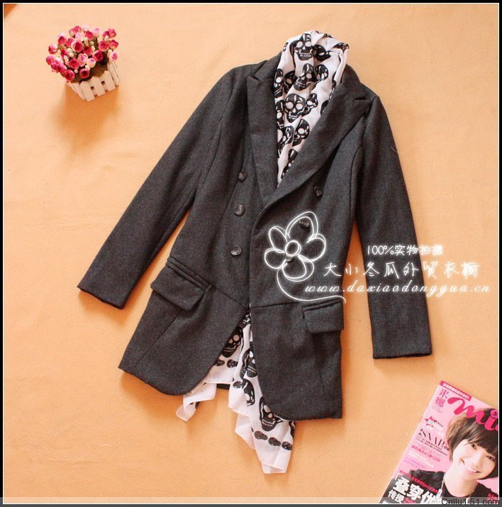 2014春装欧美黑色韩版修身双排扣长袖羊毛呢子长款大衣西装外套女