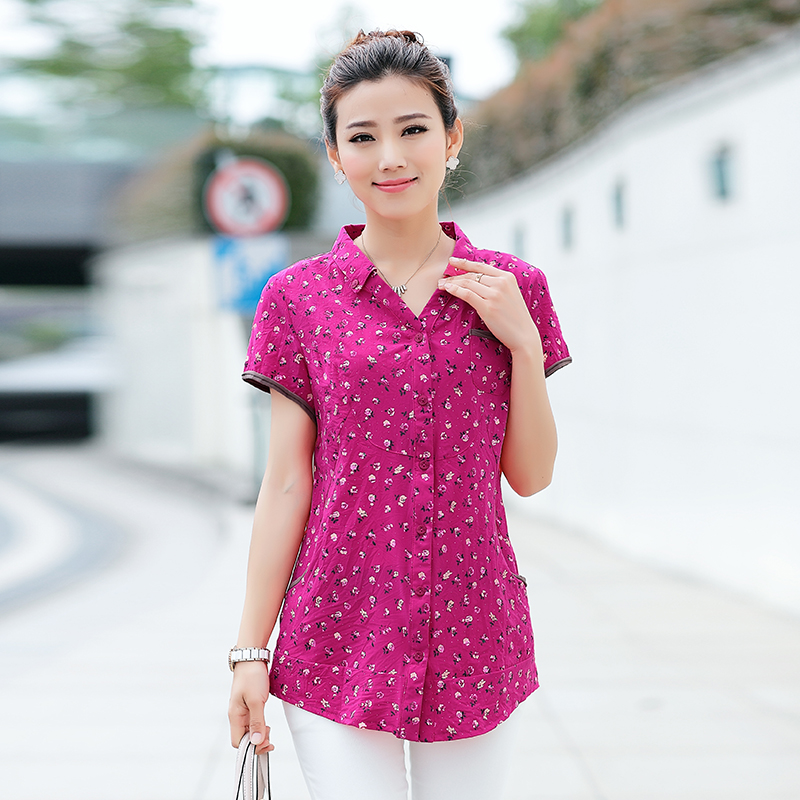 2014夏装新款中年女式衬衫纯棉修身中长款大码短袖衬衣30-40-50岁