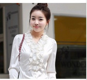 秋装新款 2011韩版女装 修身V领长袖衬衫 荷叶边白色衬衫 衬衣