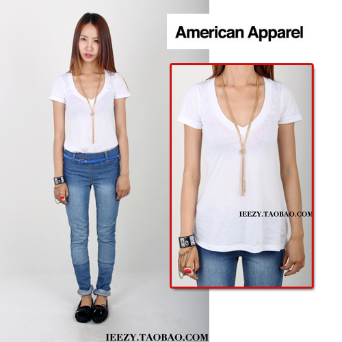 AA/American Apparel女宽松基本款百搭纯色V领短袖TEE 白色