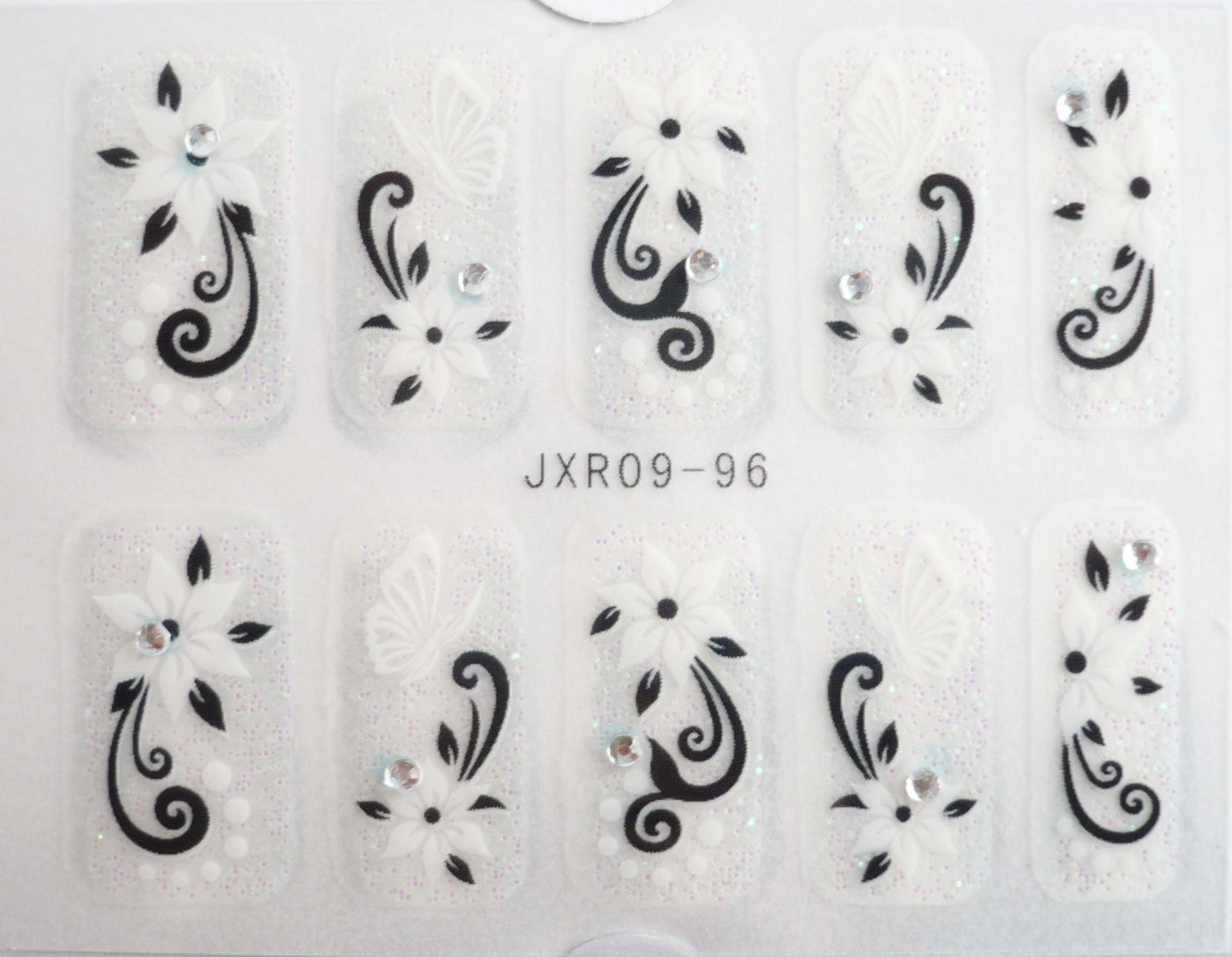 黑白花色3D指甲贴 水钻美甲贴花 JXR09-96 满36元包邮