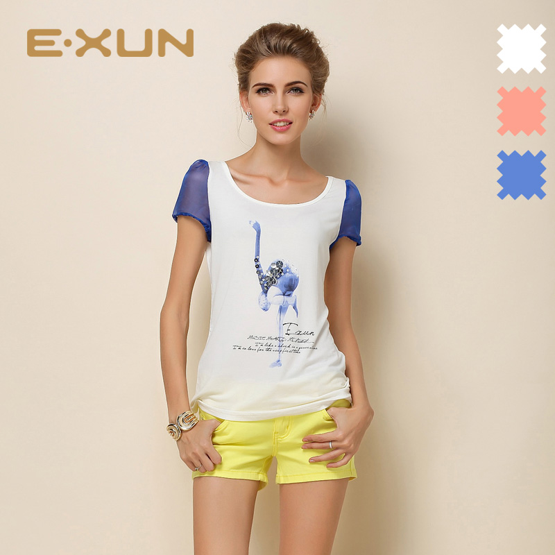 EXUN正品女装夏季新款K 时尚雪纺拼接短袖女士上衣圆领女T恤